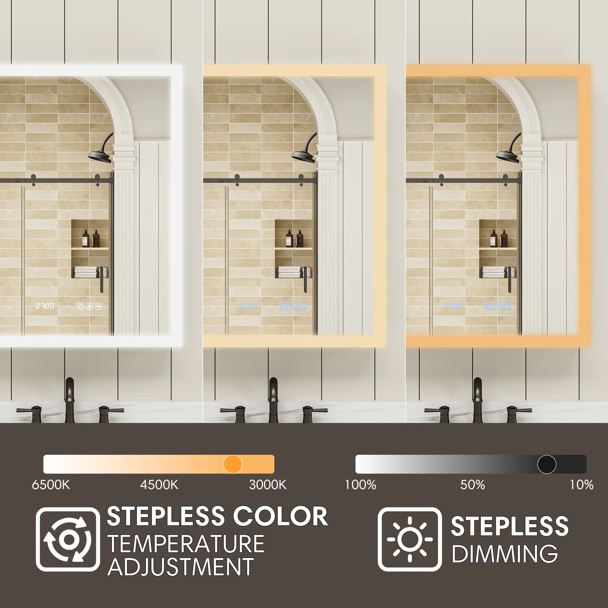 Single-door medicine cabinet mirror lighting display with three color temperatures and dimming levels.