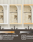 Single-door medicine cabinet mirror lighting display with three color temperatures and dimming levels.