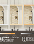 Single-door medicine cabinet mirror lighting display with three color temperatures and dimming levels.