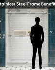 Illustration showing chrome frameless shower door design and walk-in height comparison up to 76 inches with stainless steel frame benefits | Ace Decor