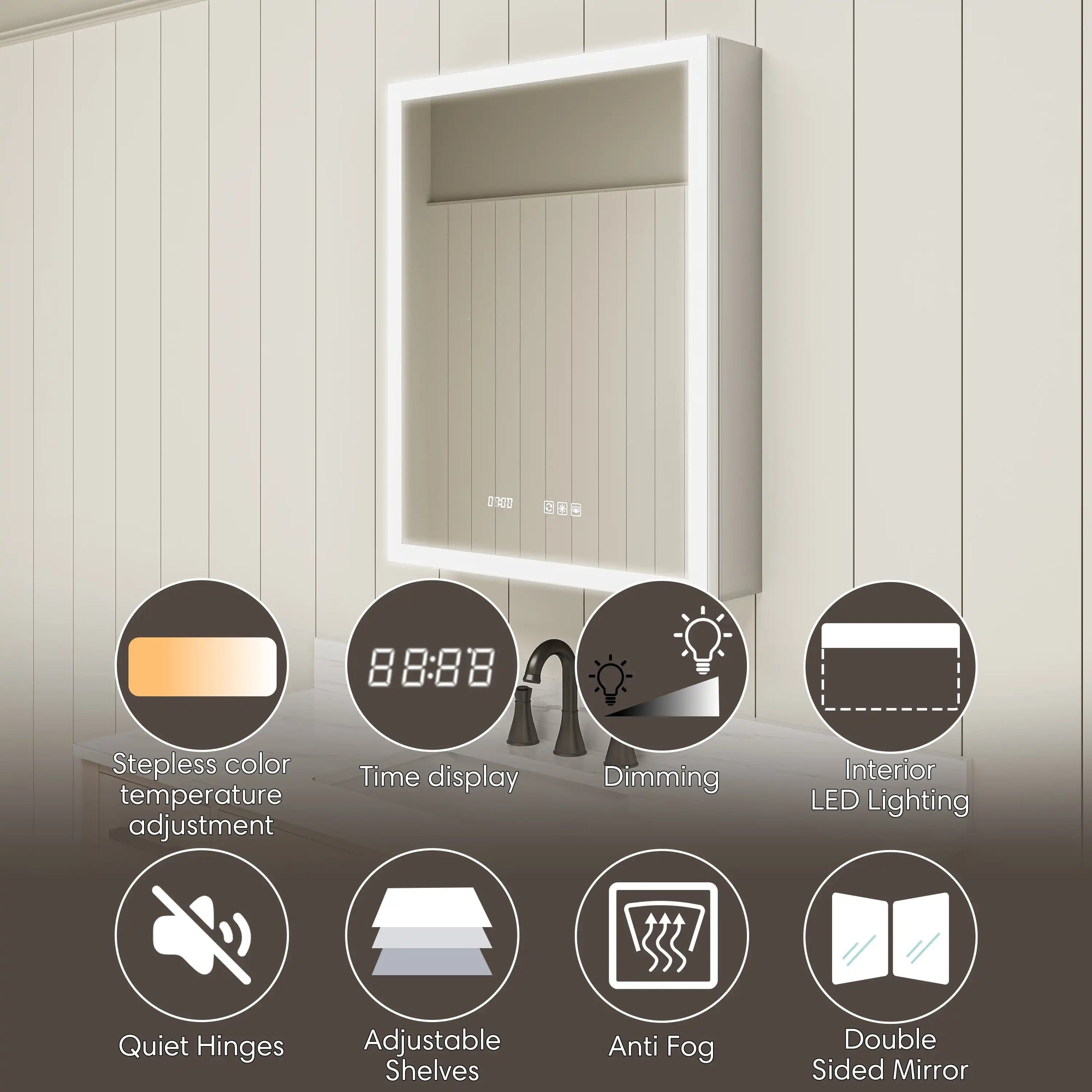 LED medicine cabinet with lighting, time, dimming, shelves, anti-fog, and mirror features.