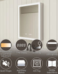 LED medicine cabinet with lighting, time, dimming, shelves, anti-fog, and mirror features.