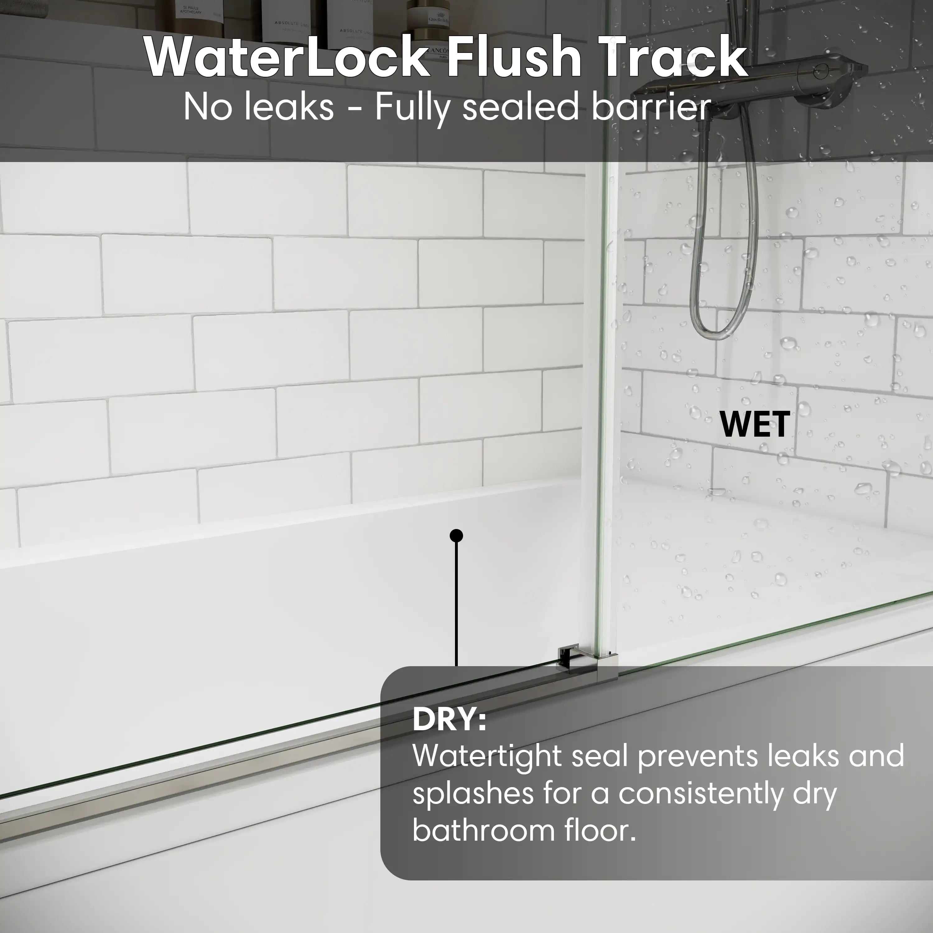 WaterLock flush track waterproof seal for bathtub sliding glass doors frameless, size 60 x 58 inches | Ace Decor