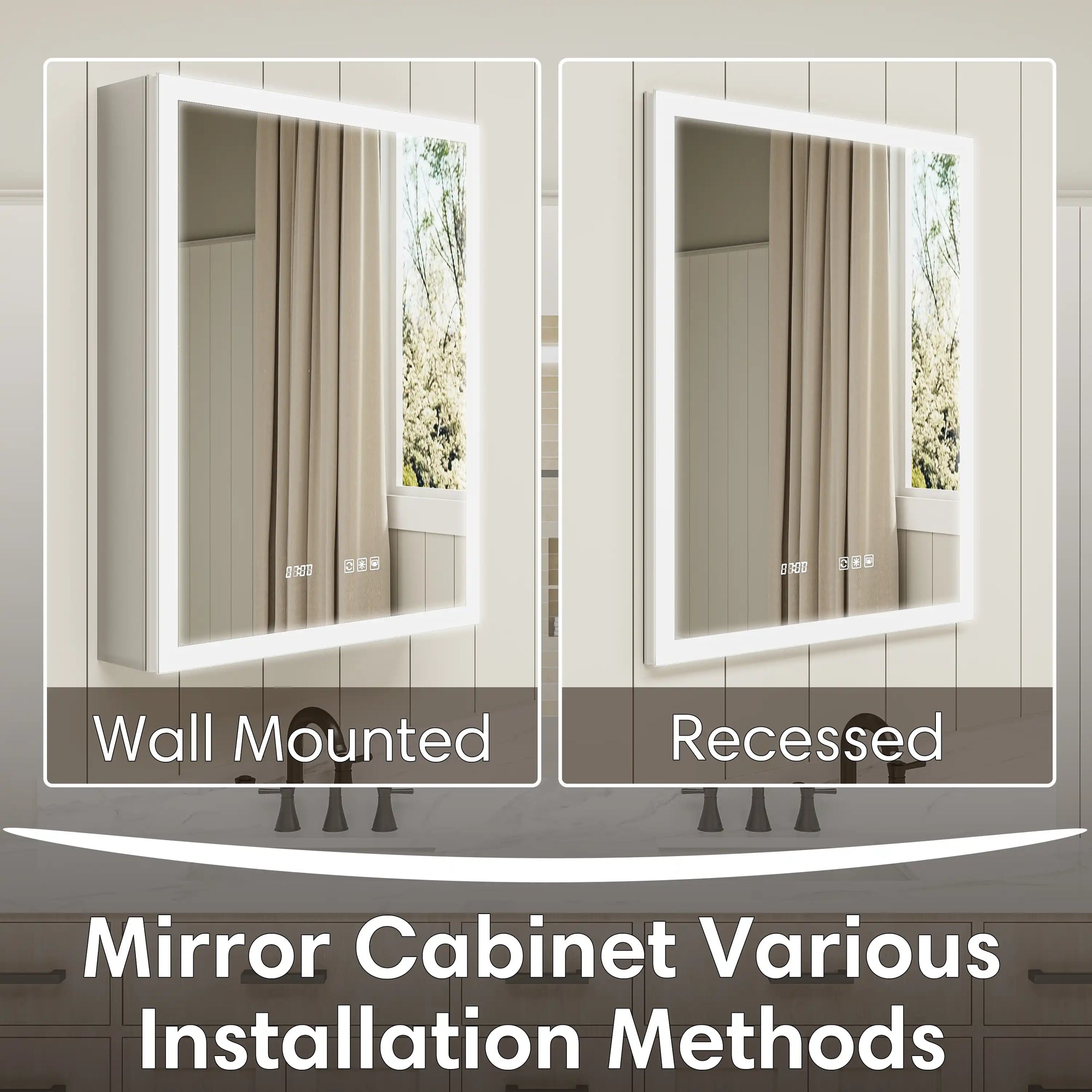 Wall-mounted and recessed installation options for LED medicine cabinet mirror.
