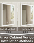 Wall-mounted and recessed installation options for LED medicine cabinet mirror.