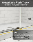 WaterLock flush track design for 54 x 76 frameless double sliding shower doors preventing leaks and keeping bathroom floors dry | Ace Decor
