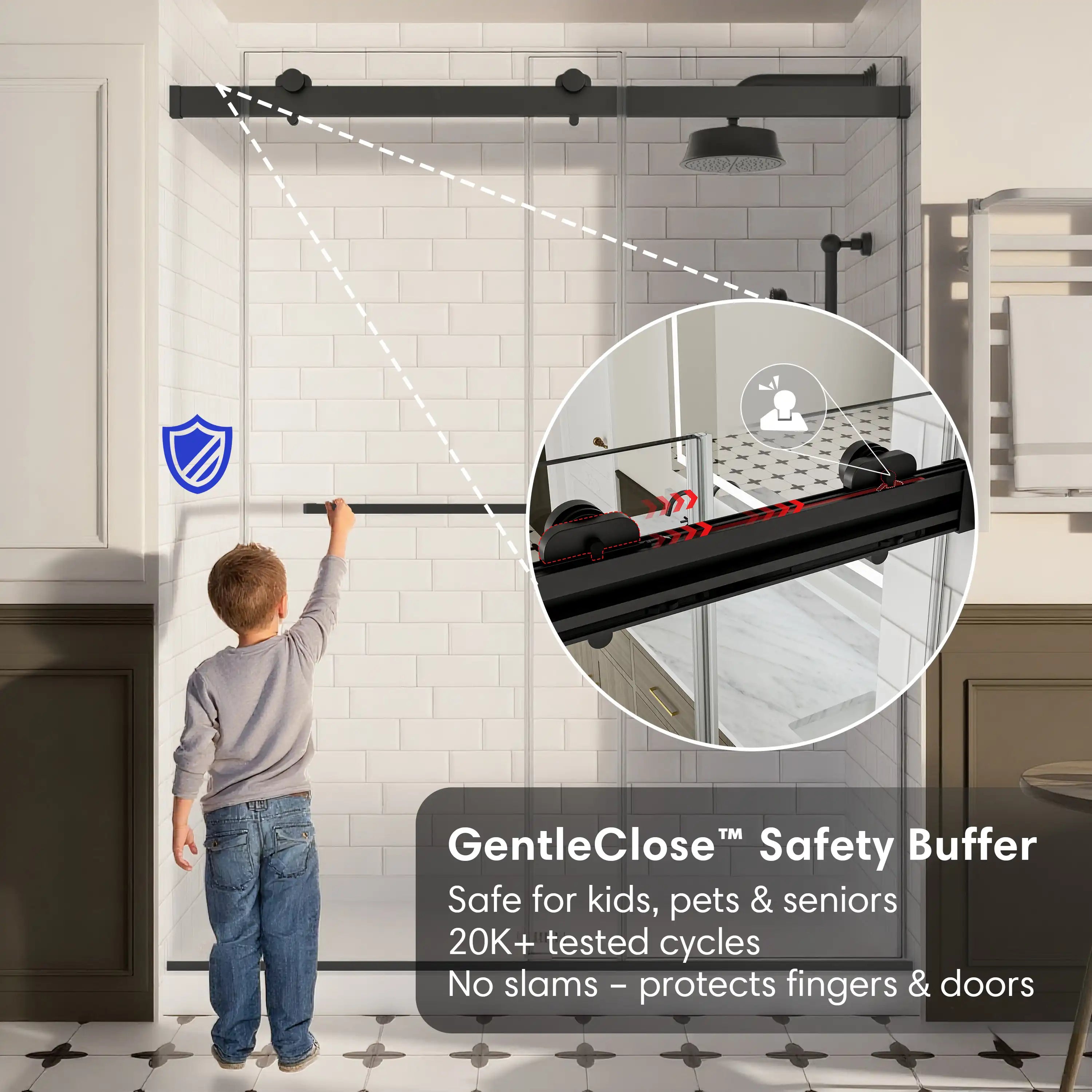 GentleClose safety buffer feature for matte black sliding shower door, frameless 48 x 74 | Ace Decor