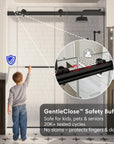 GentleClose safety buffer feature for matte black sliding shower door, frameless 48 x 74 | Ace Decor