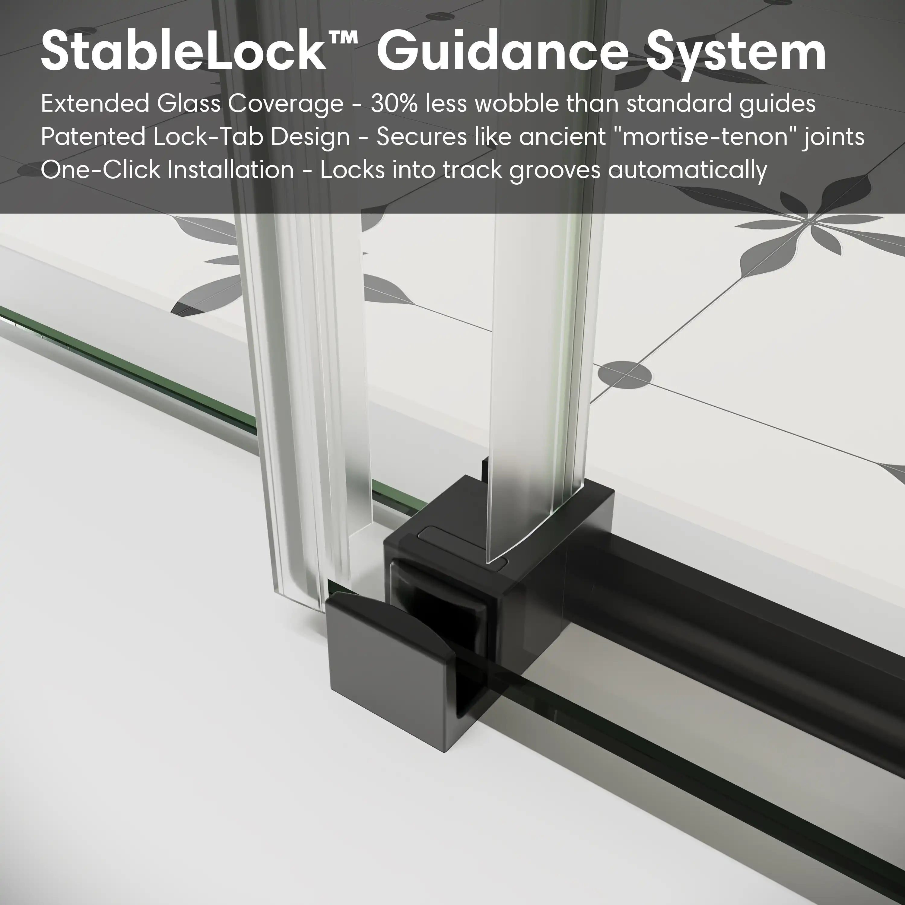 Frameless sliding shower screen, 48 x 74 inches, StableLock guidance system with bottom guide block for stability | Ace Decor