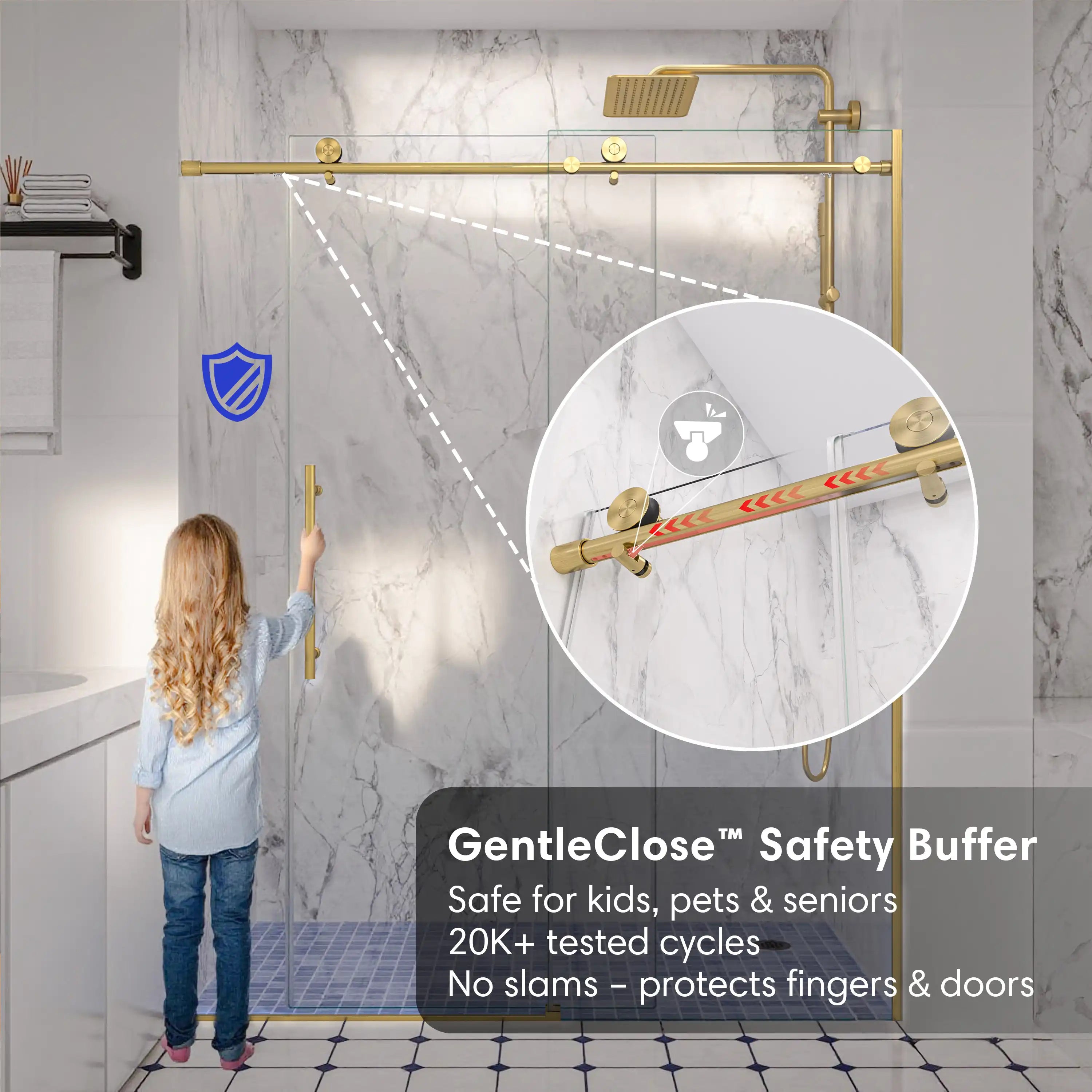 GentleClose safety buffer for gold frameless shower door, size 60 x 74, ensuring soft close and safety protection | Ace Decor