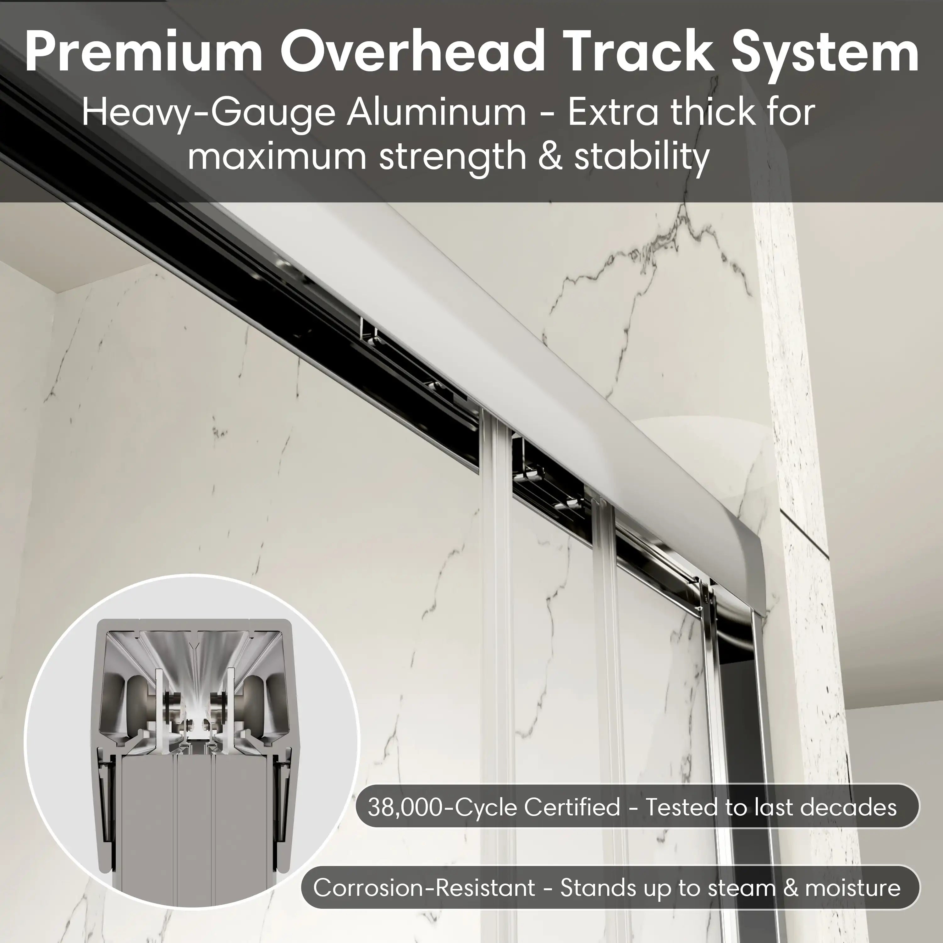 Premium overhead aluminum track system for 54 x 70 framed bypass shower door, ensuring strength, stability, and smooth sliding. | Ace Decor