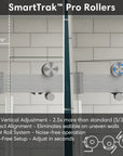 Brushed nickel SmartTrak Pro Rollers showing adjustable eccentric rollers for perfect alignment and smooth sliding on frameless shower doors | Ace Decor