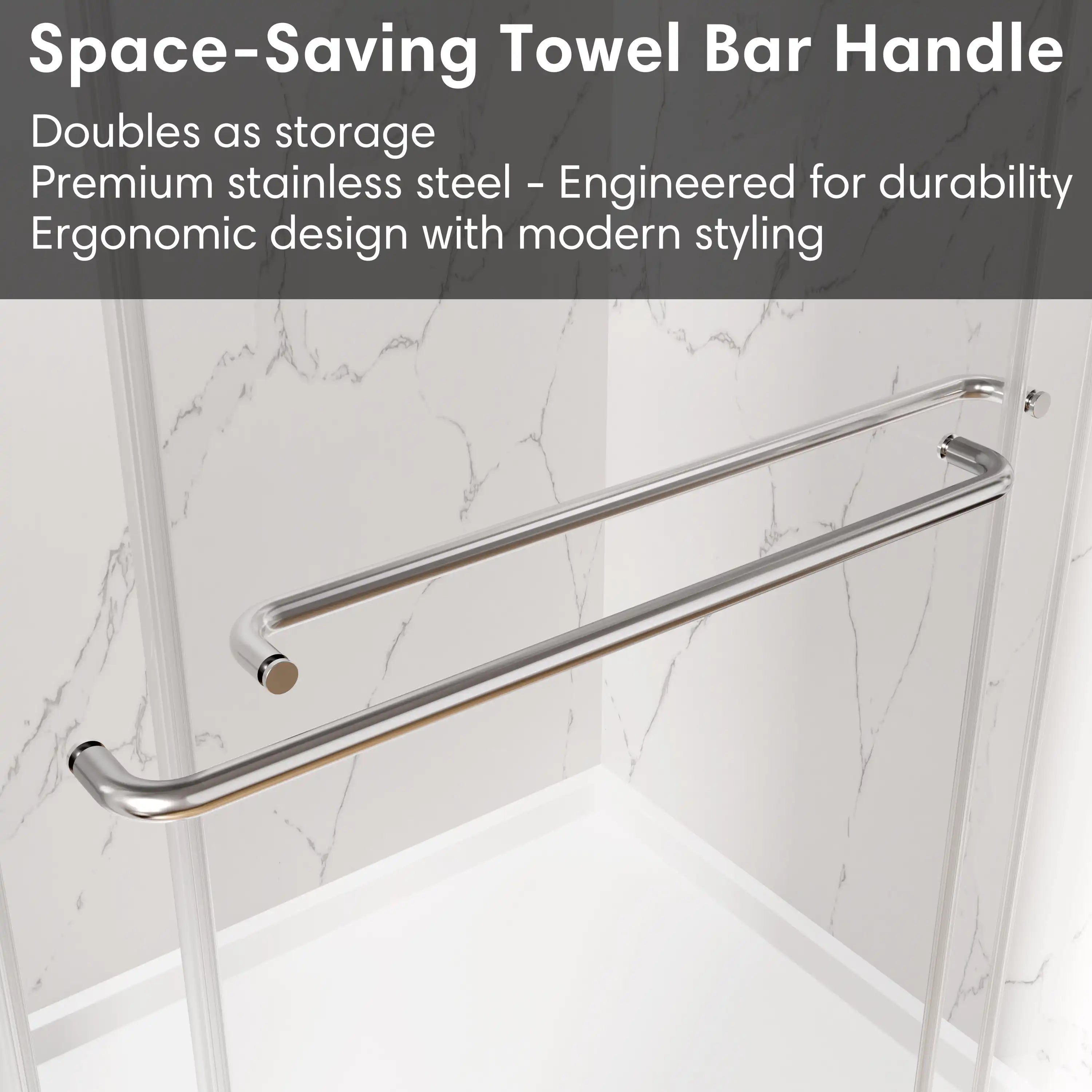 Space-saving stainless steel towel bar handle on 54 x 70 framed bypass shower door, combining storage and modern design. | Ace Decor