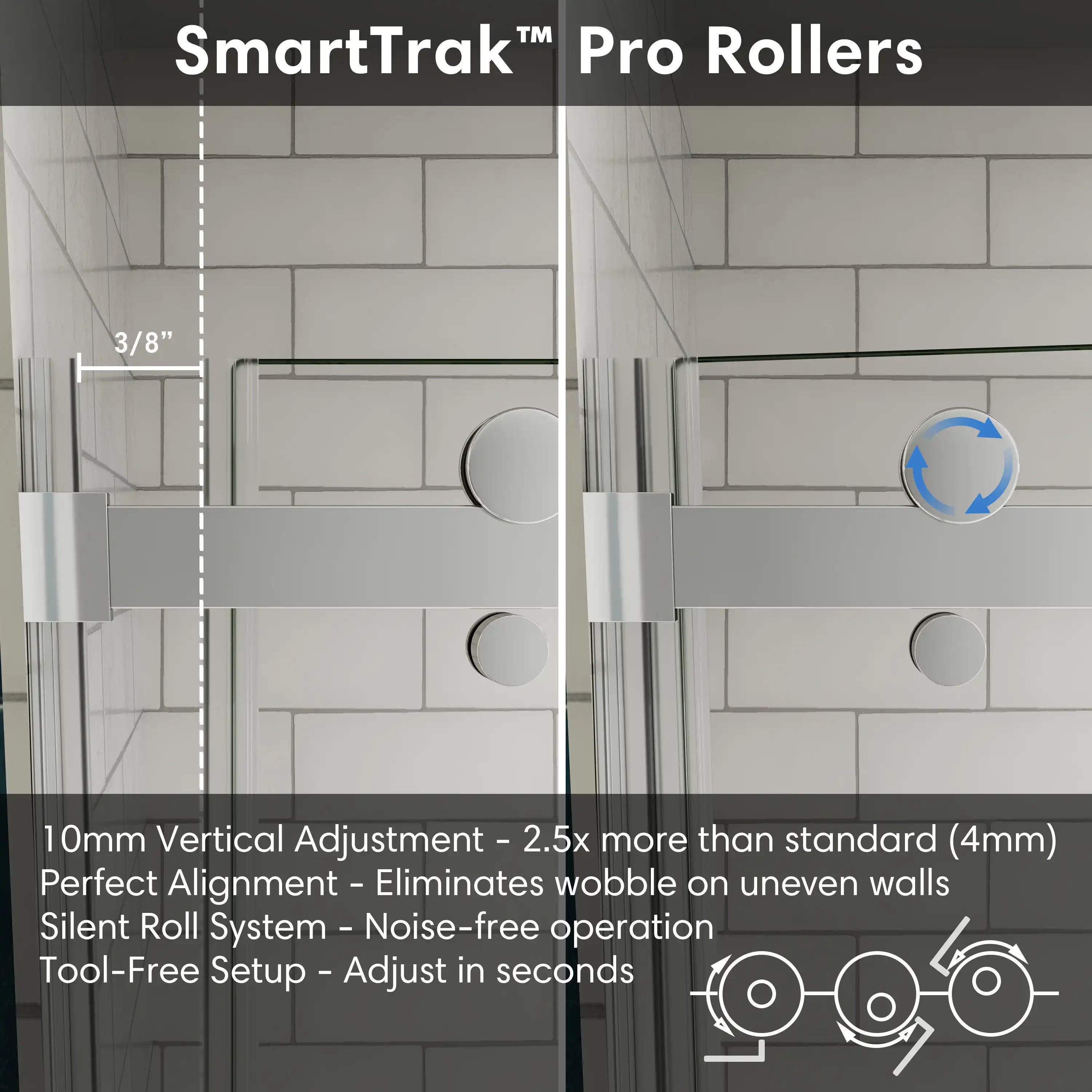 Shower door sliding frameless, size 60 x 74 inches, with SmartTrak pro rollers offering vertical adjustment, silent roll system, and tool-free setup | Ace Decor