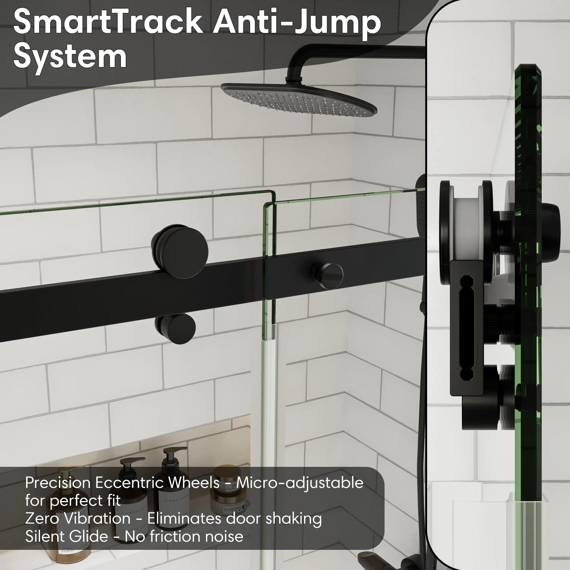 SmartTrack anti-jump system with precision wheels for matte black sliding bathtub door | Ace Decor