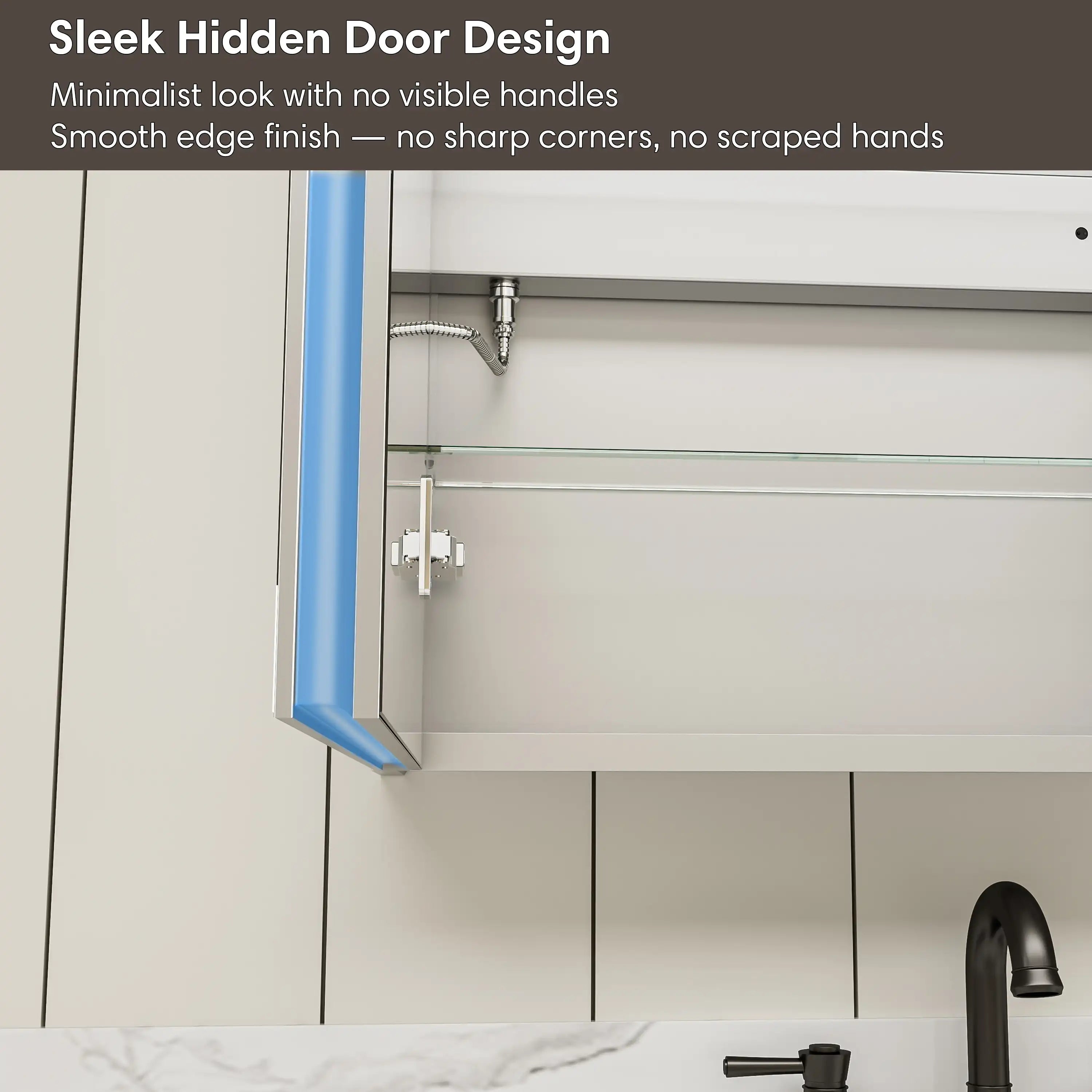 Close-up of medicine cabinet hidden door handle design with smooth edges for safety.