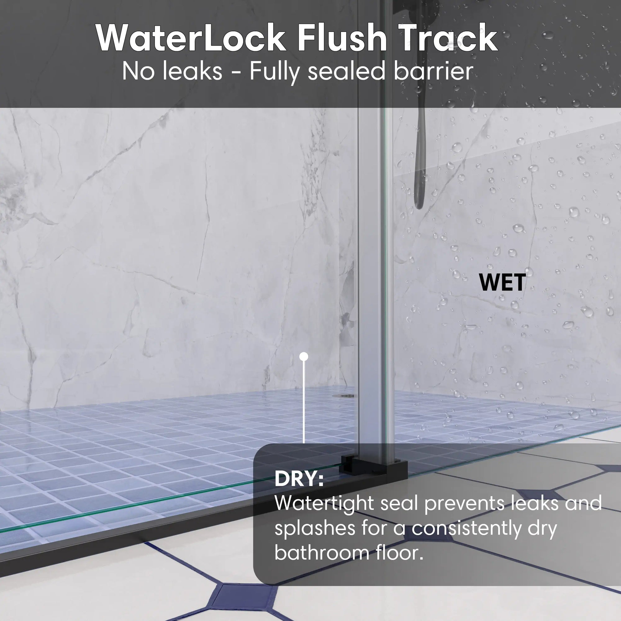 WaterLock flush track at the base of black frameless sliding shower door, size 60 x 74, showing waterproof seal for dry bathroom floor | Ace Decor