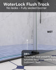 WaterLock flush track at the base of black frameless sliding shower door, size 60 x 74, showing waterproof seal for dry bathroom floor | Ace Decor