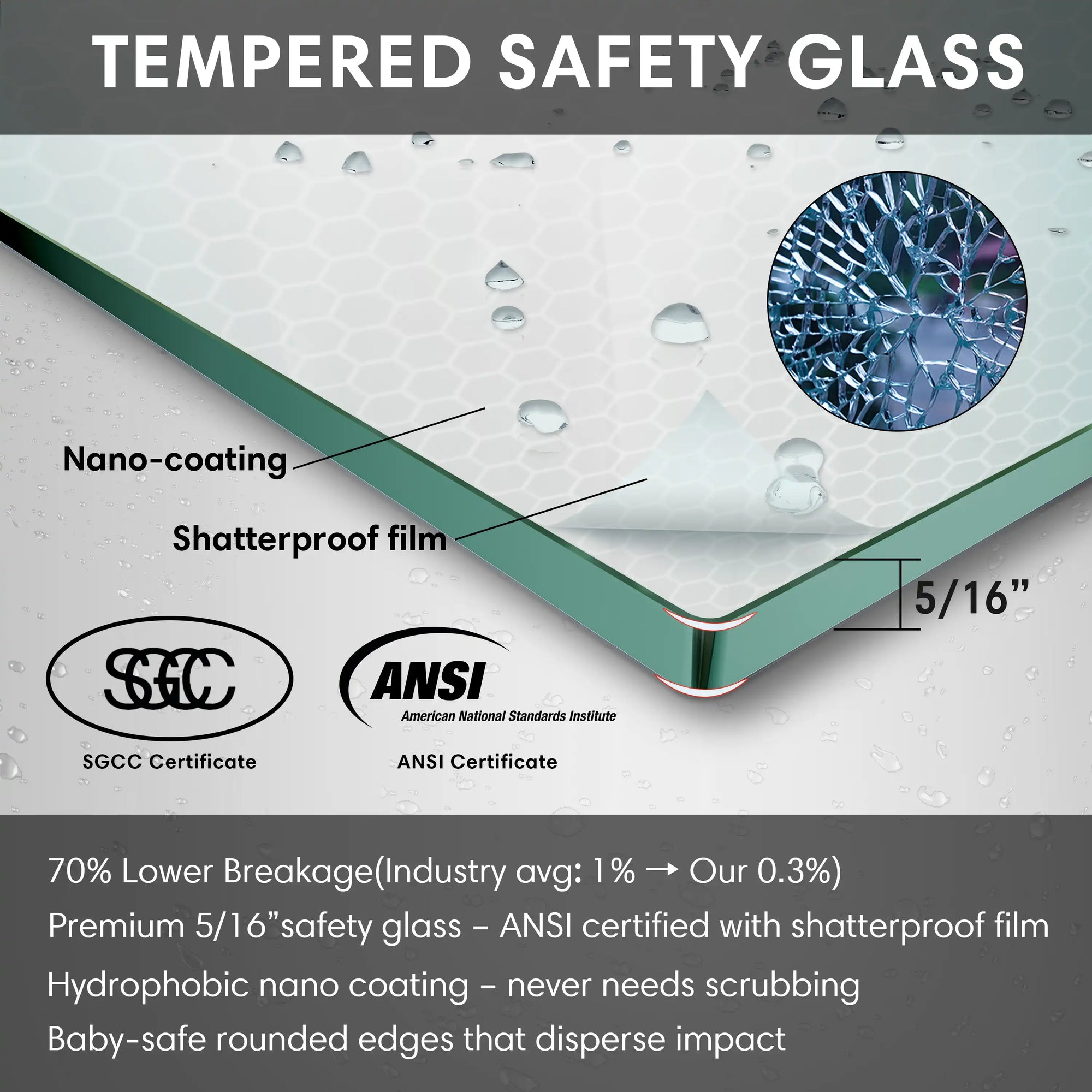 Tempered safety glass with nano-coating and shatterproof film for black frameless sliding shower door, size 60 x 74 | Ace Decor