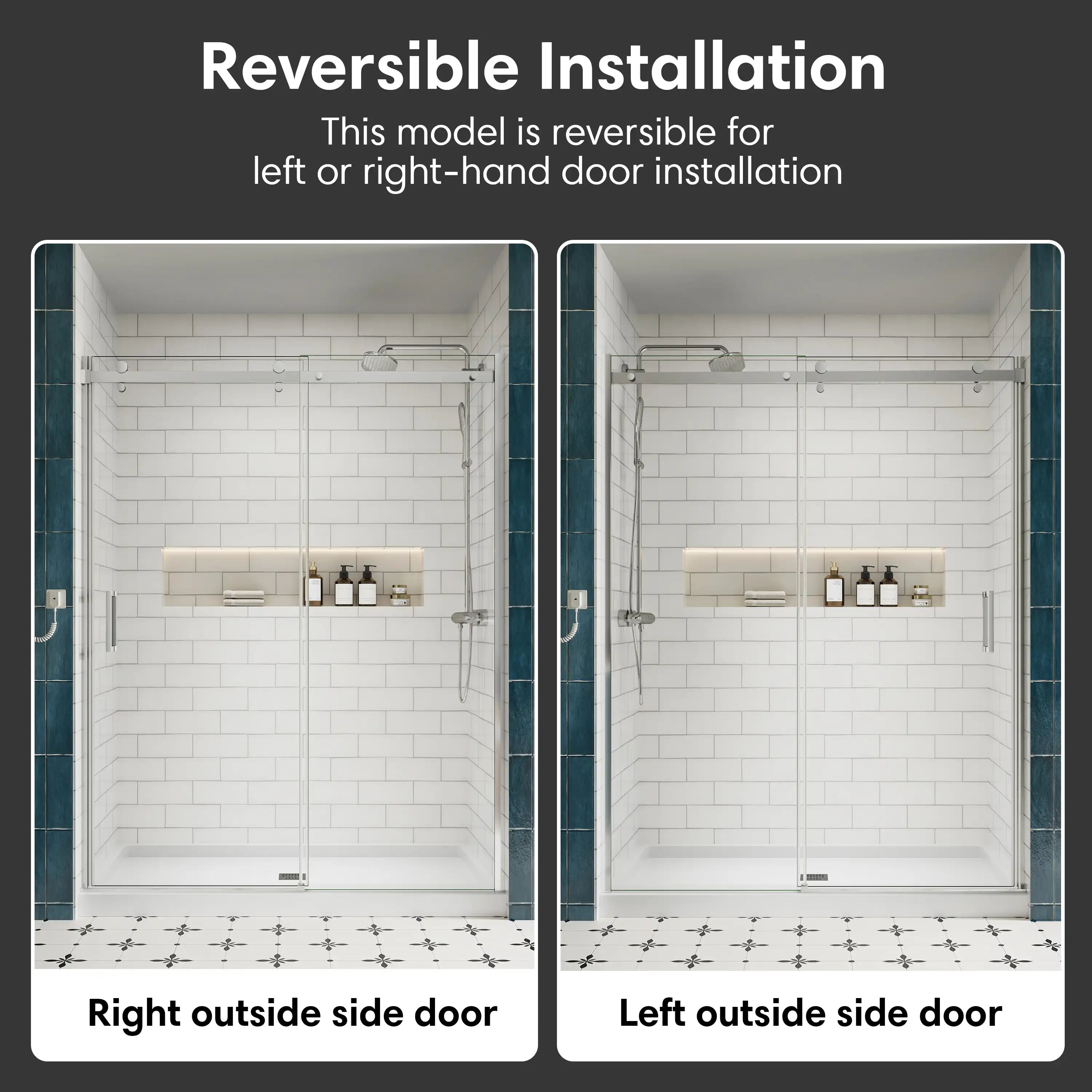 Shower door sliding frameless, size 60 x 74 inches, reversible installation for left or right outside side door options | Ace Decor