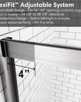 FlexiFit adjustable system for sliding shower doors brushed nickel, frameless design, size 60 x 74, showing 4-inch width adjustment | Ace Decor