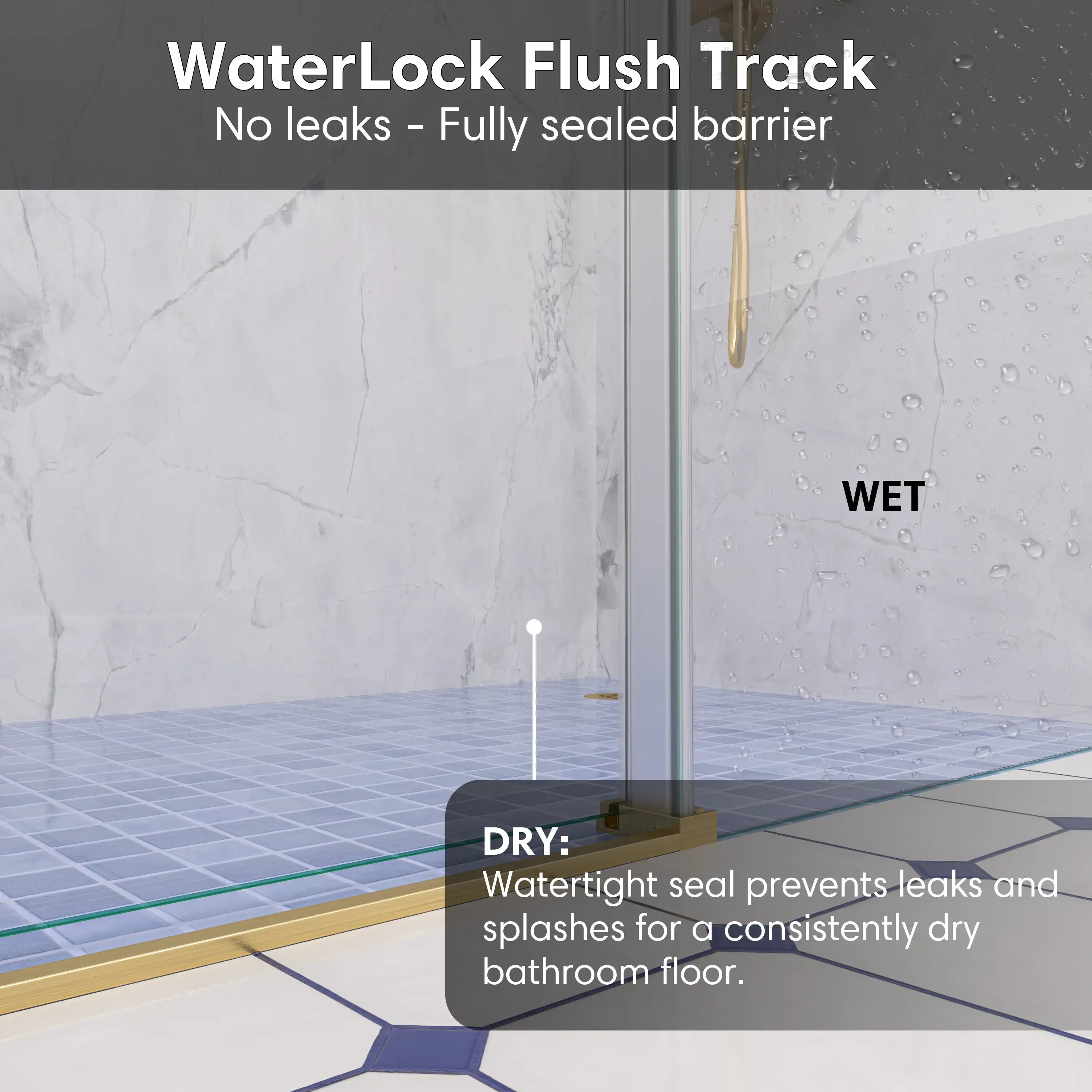 WaterLock flush track at the base of gold frameless shower door, size 60 x 74, providing waterproof seal for a dry bathroom floor | Ace Decor