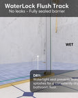 WaterLock flush track at the base of gold frameless shower door, size 60 x 74, providing waterproof seal for a dry bathroom floor | Ace Decor