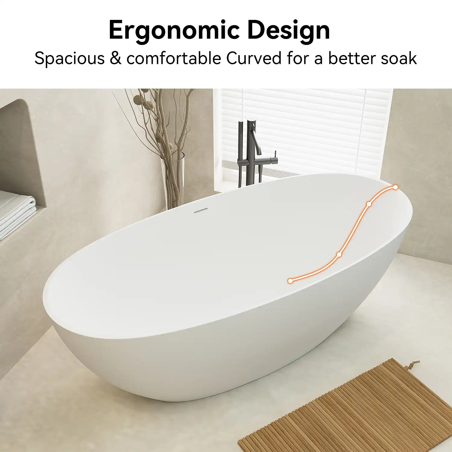 A modern freestanding bathtub with an ergonomic curved design, offering spacious and comfortable soaking. |ACE DECOR