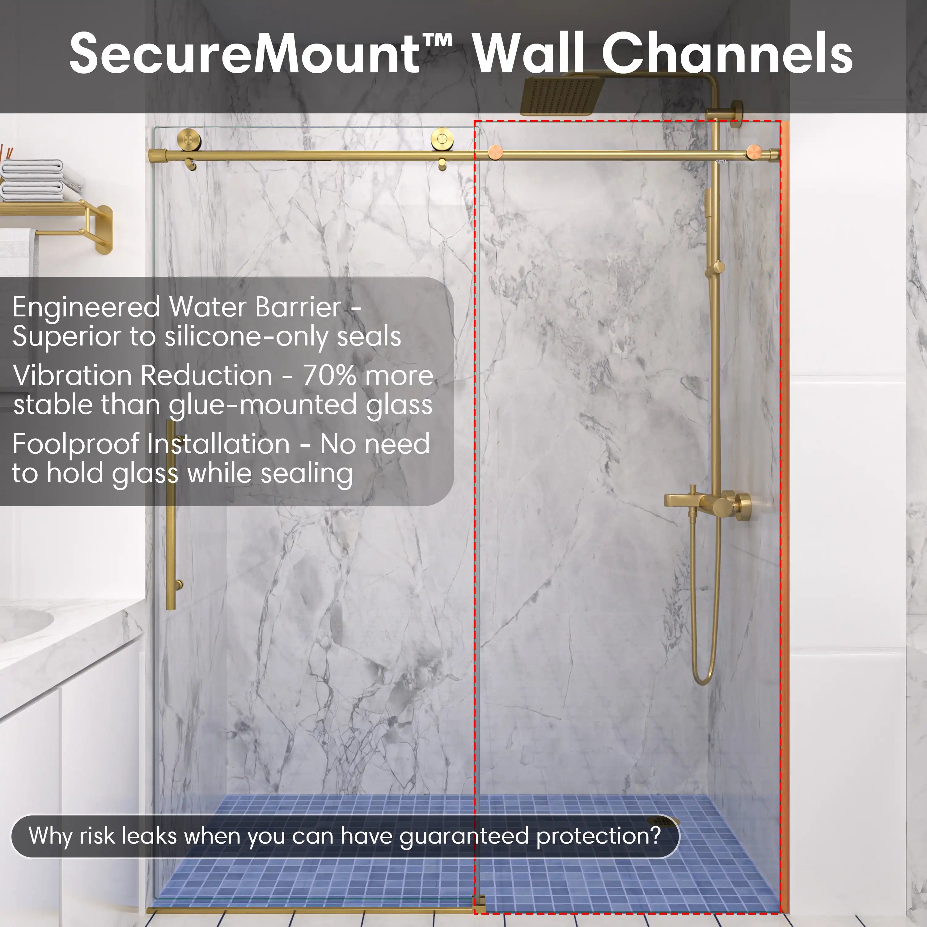 SecureMount wall channels for gold frameless shower door, size 60 x 74, ensuring stable and leak-proof installation | Ace Decor
