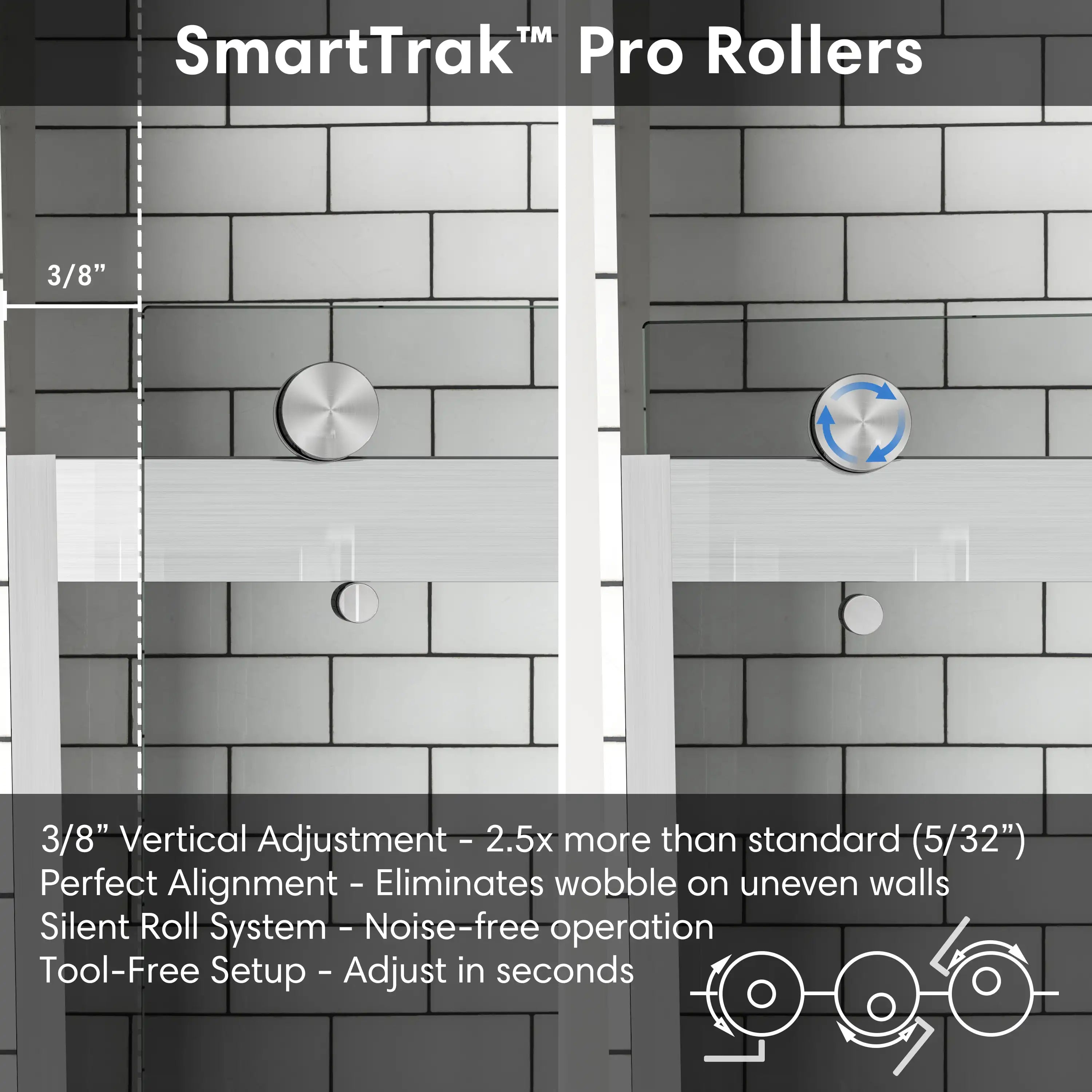 SmartTrak pro rollers for sliding shower doors brushed nickel, frameless design, size 60 x 74, featuring vertical adjustment and silent roll system | Ace Decor