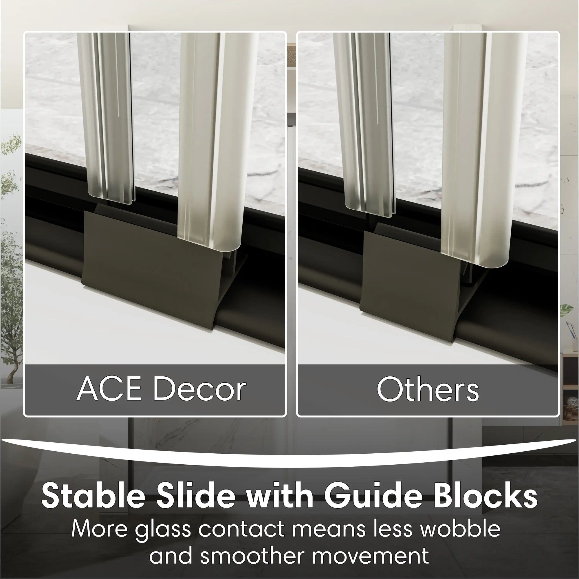 Bottom guide block of 60 x 70 ace decor shower door, designed for stable sliding and smoother movement. | Ace Decor