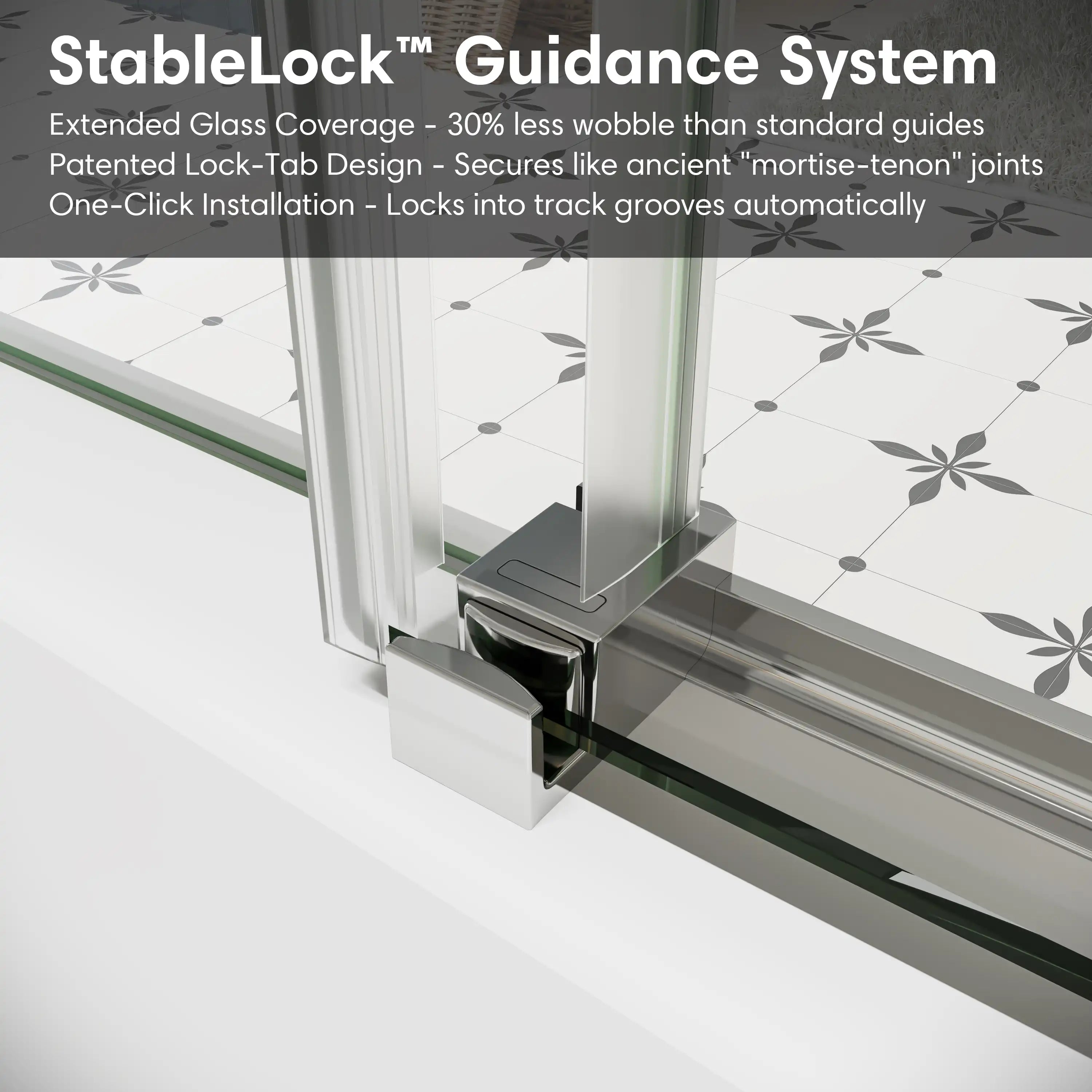 StableLock guidance system on bathtub sliding glass doors frameless, secure bottom guide block, size 60 x 58 inches | Ace Decor