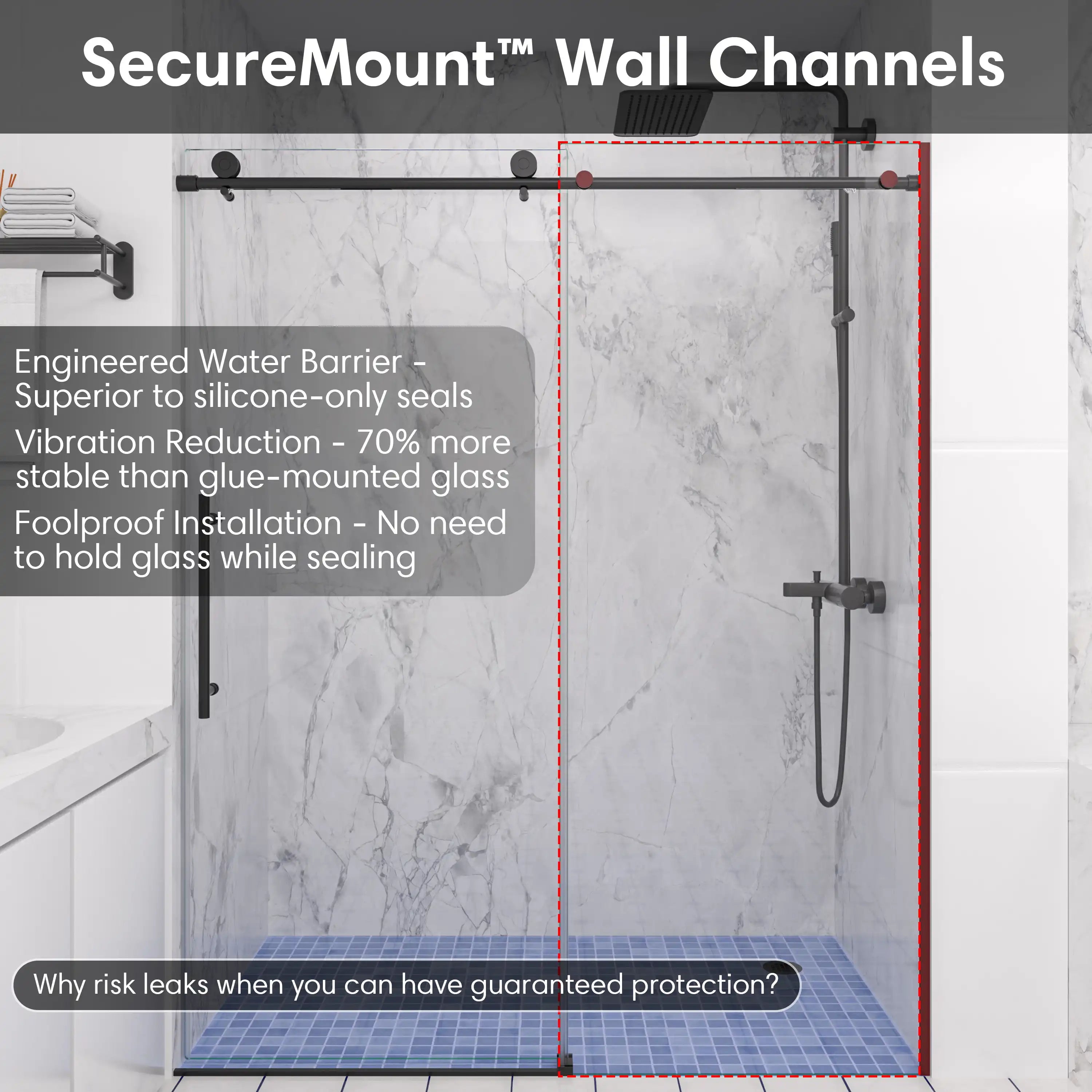 SecureMount wall channels for black frameless sliding shower door, size 60 x 74, providing stable and leak-proof installation | Ace Decor