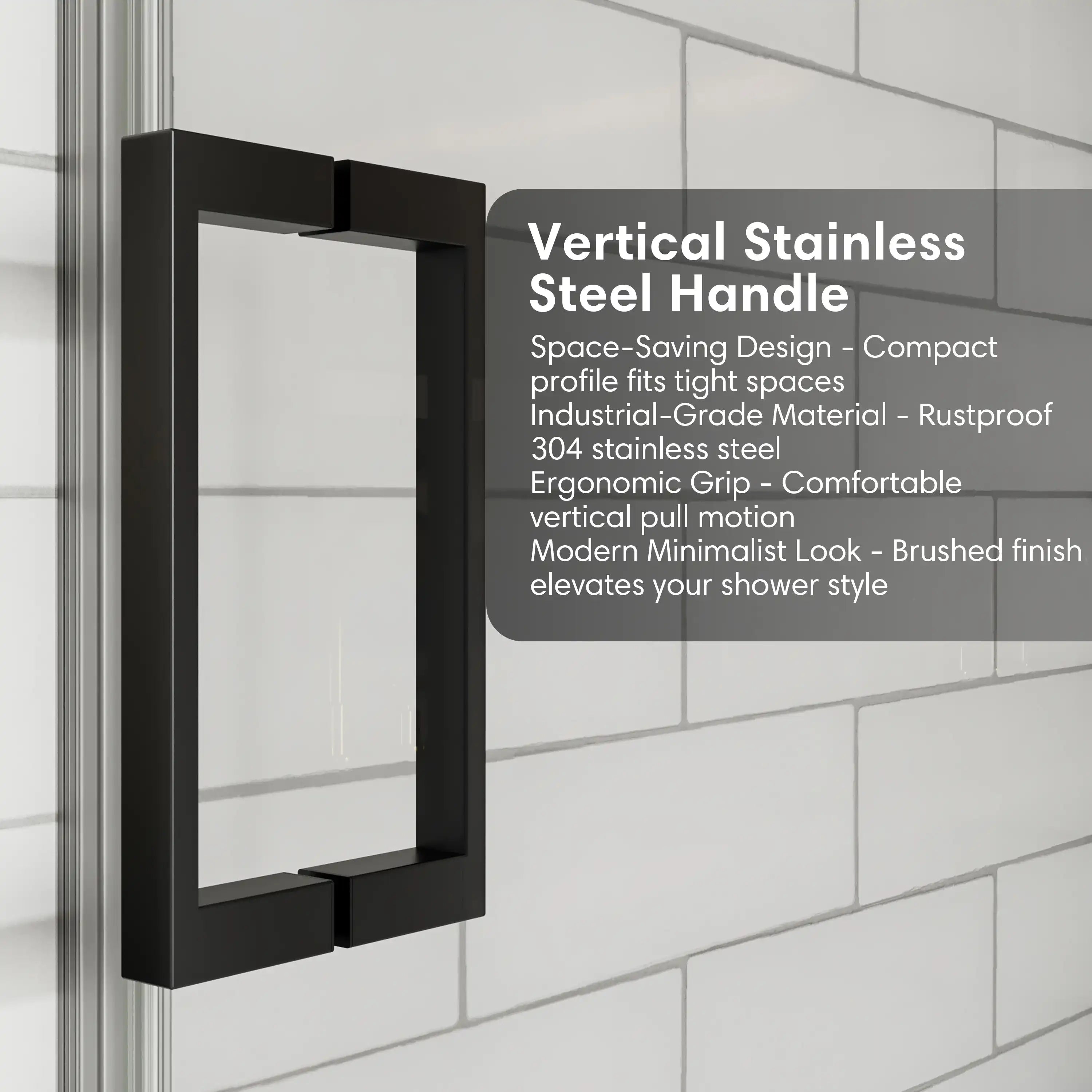 Frameless sliding shower screen, 48 x 74 inches, vertical stainless steel handle with ergonomic grip and modern design | Ace Decor