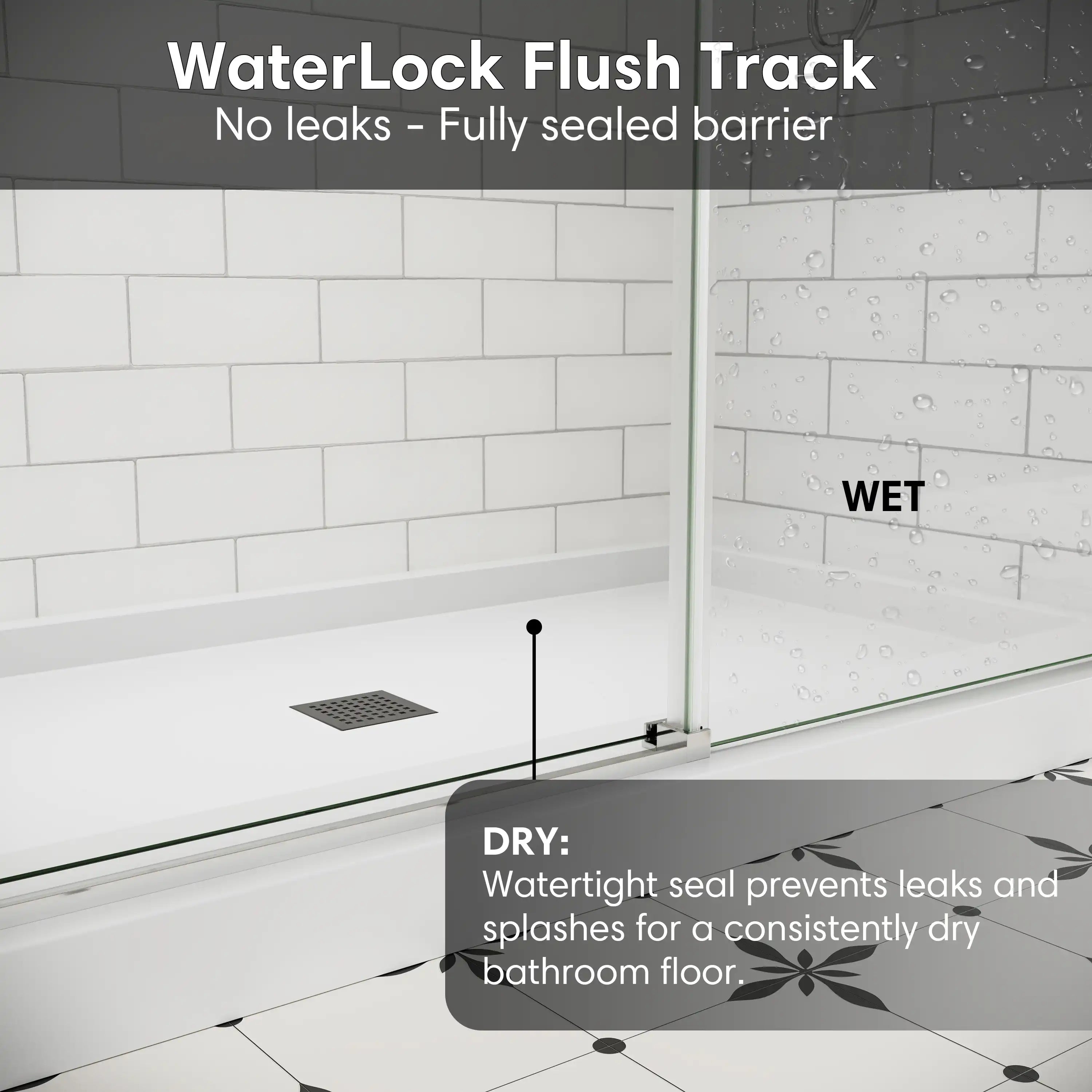 Shower door sliding frameless, size 60 x 74 inches, featuring WaterLock flush track with watertight seal to prevent leaks and keep bathroom floor dry | Ace Decor