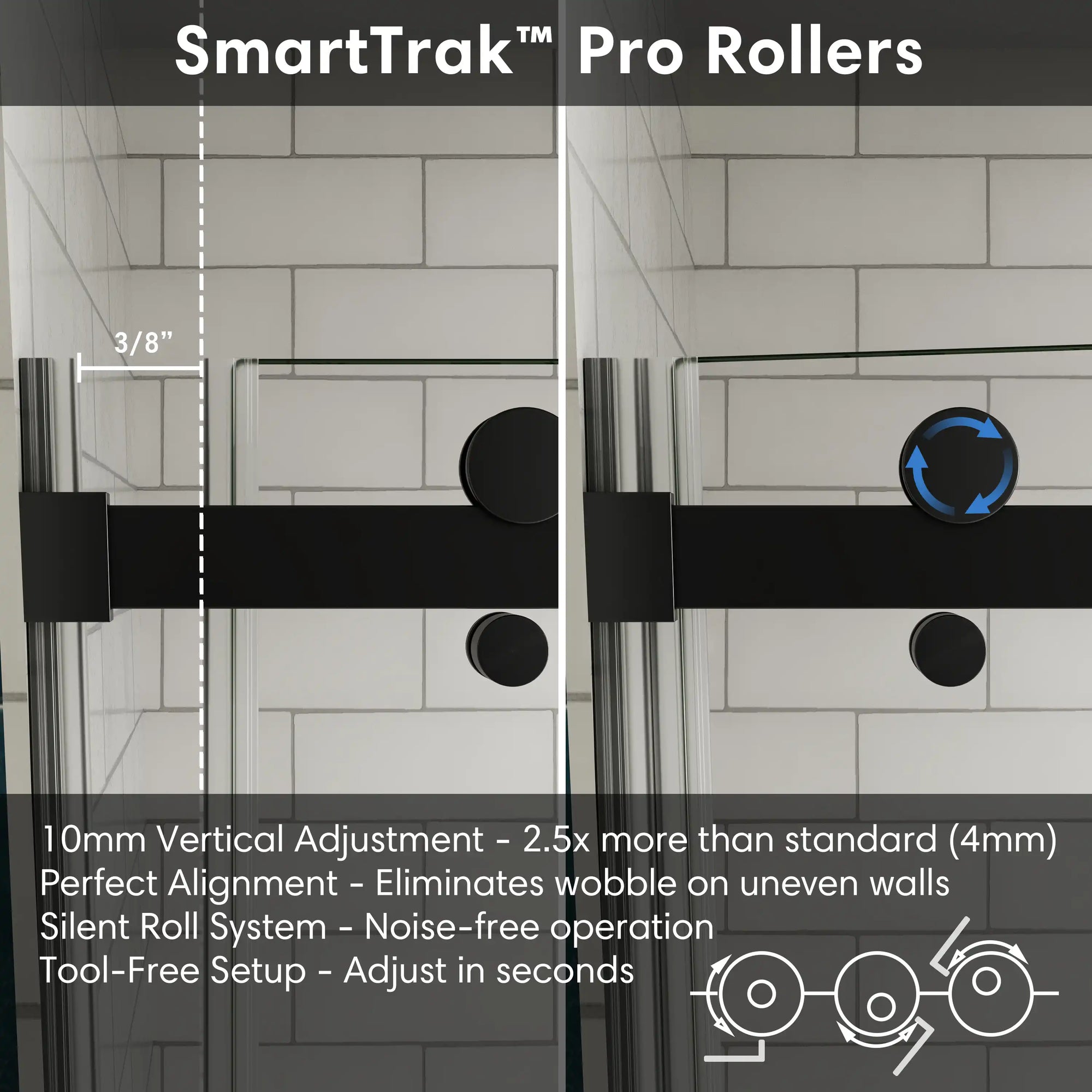 SmartTrak pro rollers with vertical adjustment for matte black sliding bathtub door | Ace Decor