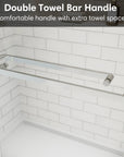 Chrome frameless shower door featuring double towel bar handle for added towel storage and comfortable grip | Ace Decor