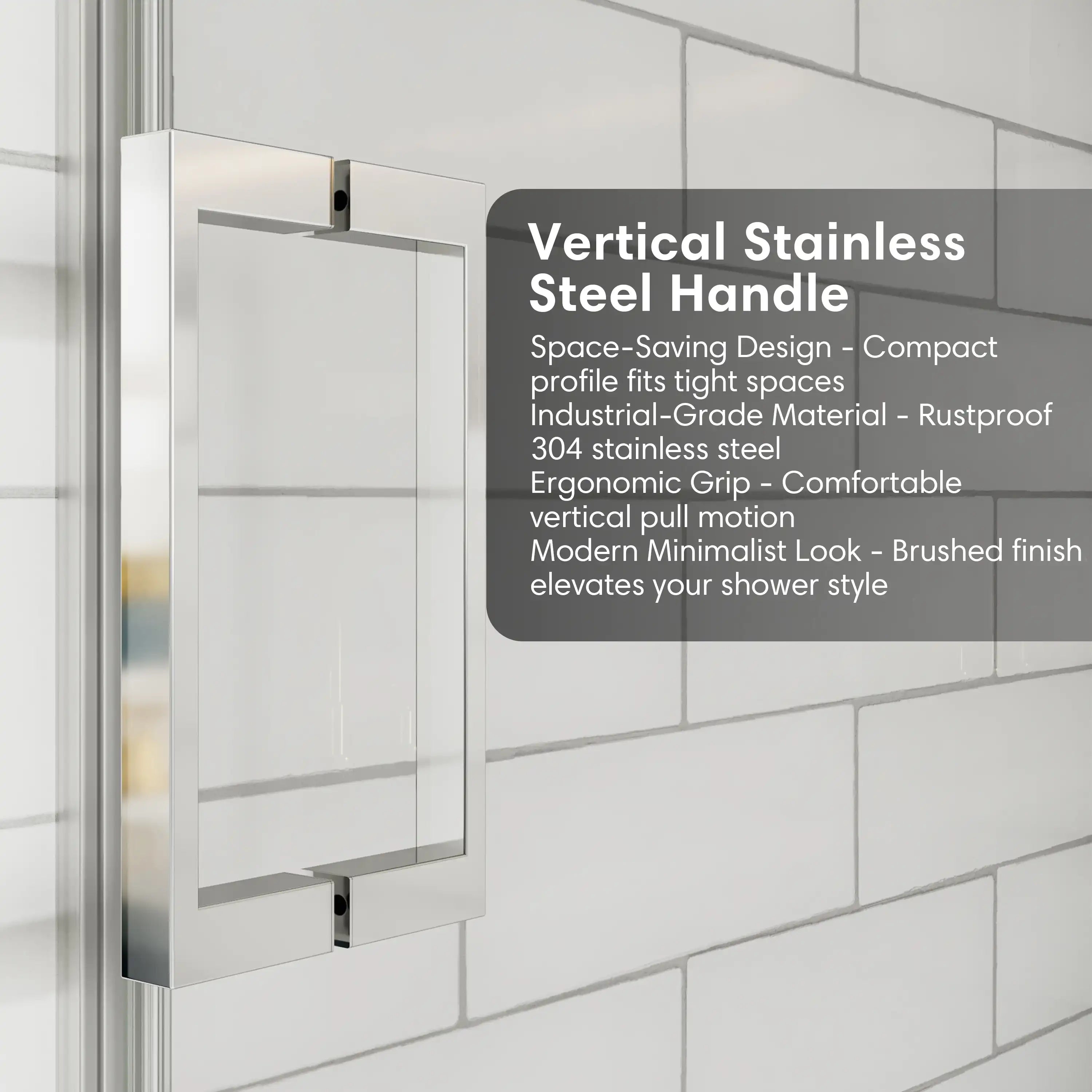 Shower door sliding frameless, size 60 x 74 inches, featuring vertical stainless steel handle with ergonomic grip and modern chrome finish | Ace Decor
