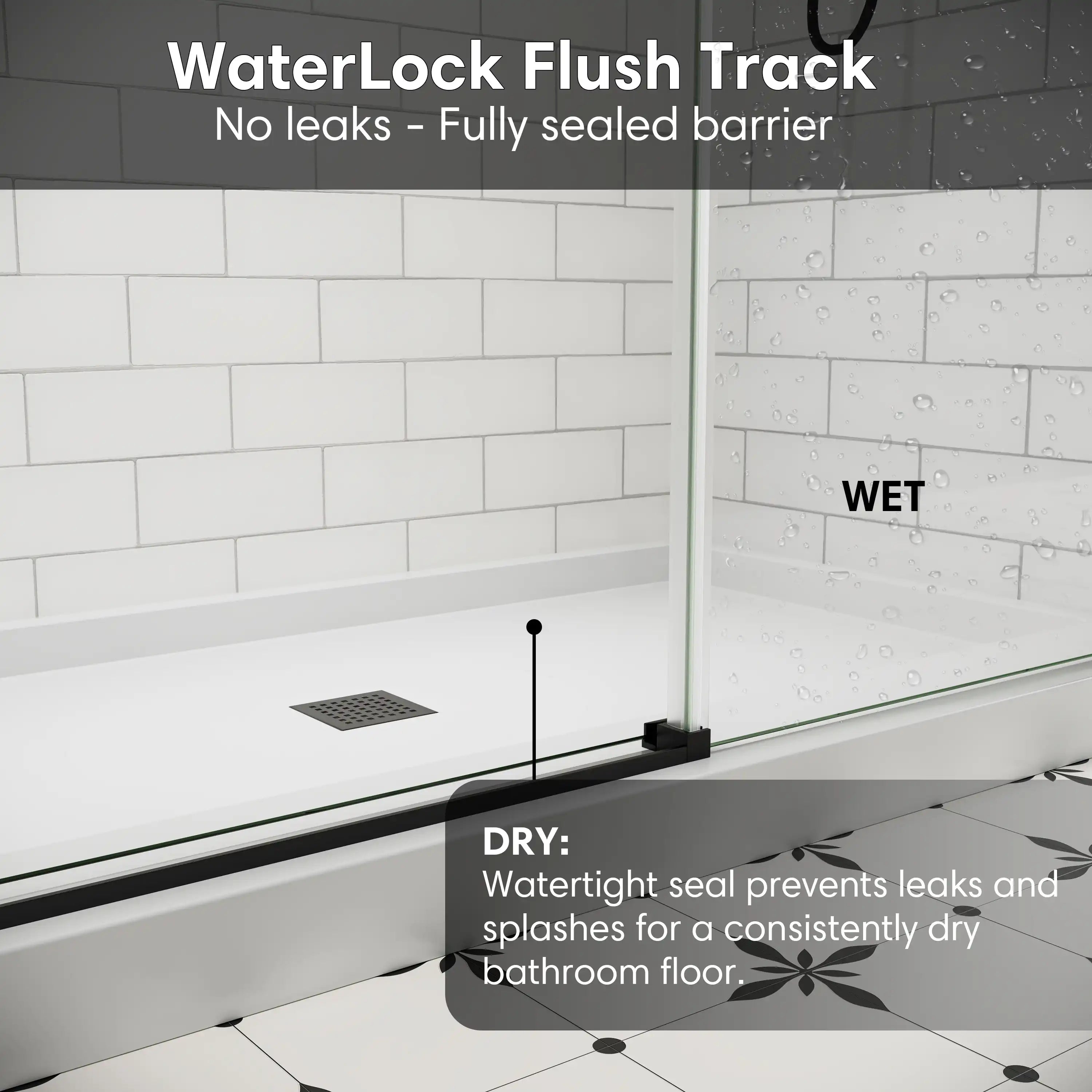 Frameless sliding shower screen, 48 x 74 inches, WaterLock flush track system for leak-proof waterproof sealing | Ace Decor
