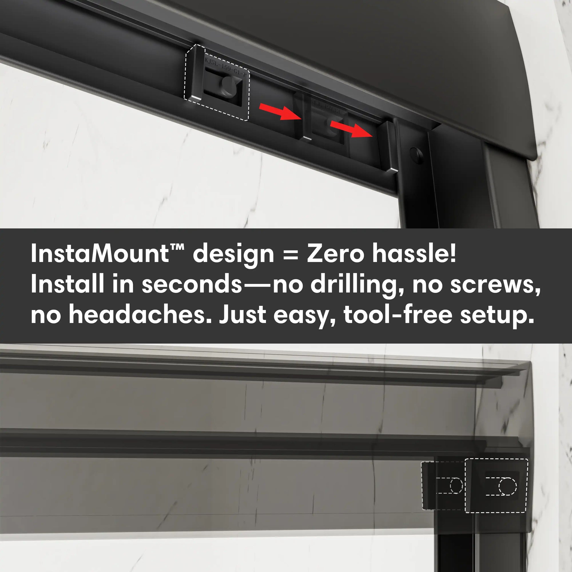 InstaMount tool-free installation system on 60 x 70 ace decor shower door, allowing quick setup without drilling or screws. | Ace Decor