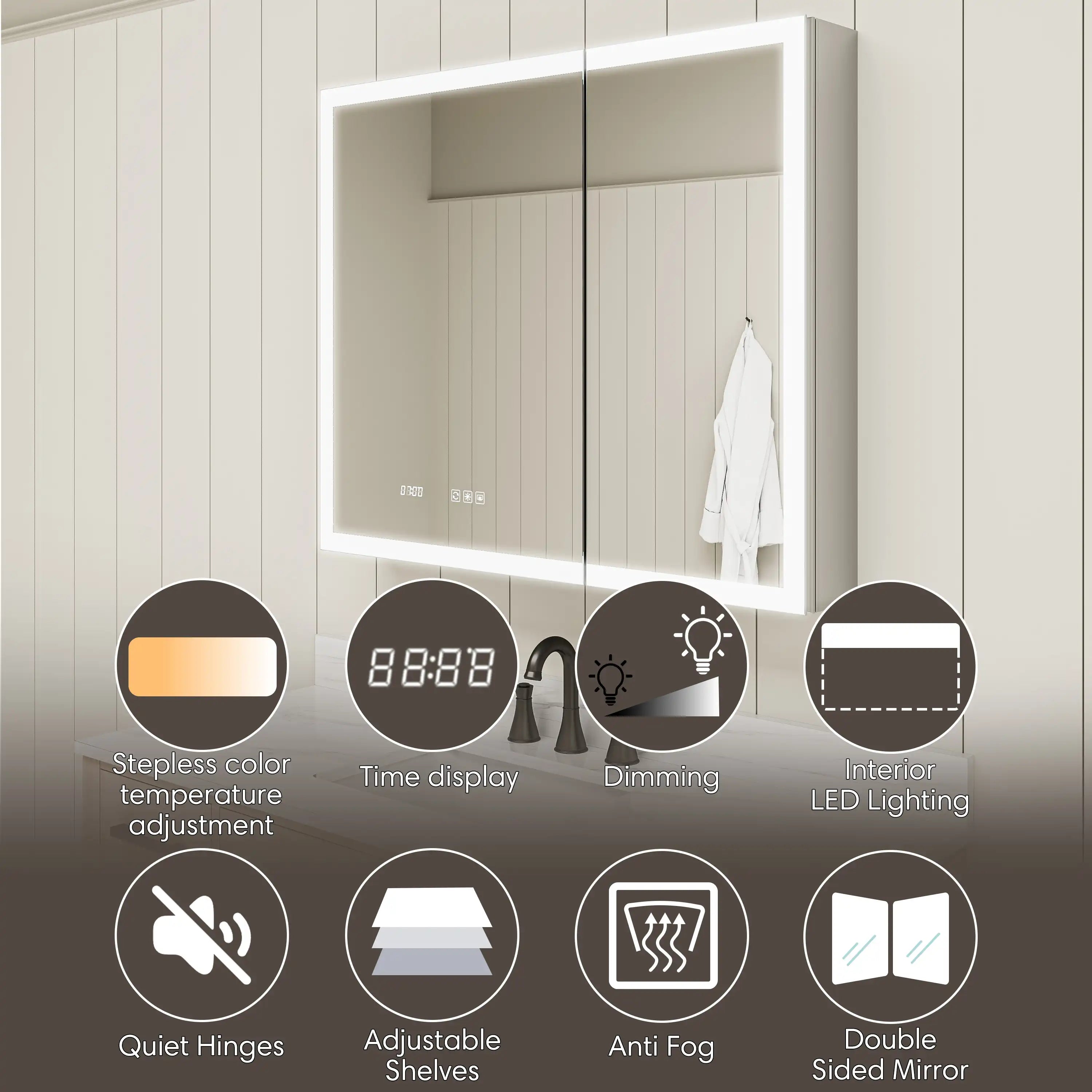 Double door LED medicine cabinet with mirror, featuring lighting, time display, dimming, anti-fog, and adjustable shelves.