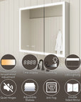 Double door LED medicine cabinet with mirror, featuring lighting, time display, dimming, anti-fog, and adjustable shelves.