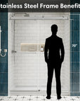 Brushed nickel stainless steel frameless shower door showcasing height comparison from 70 to 76 inches for walk-in design | Ace Decor