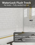 WaterLock flush track at the base of gold frameless shower door, size 60 x 74, providing waterproof seal for a dry bathroom floor | Ace Decor