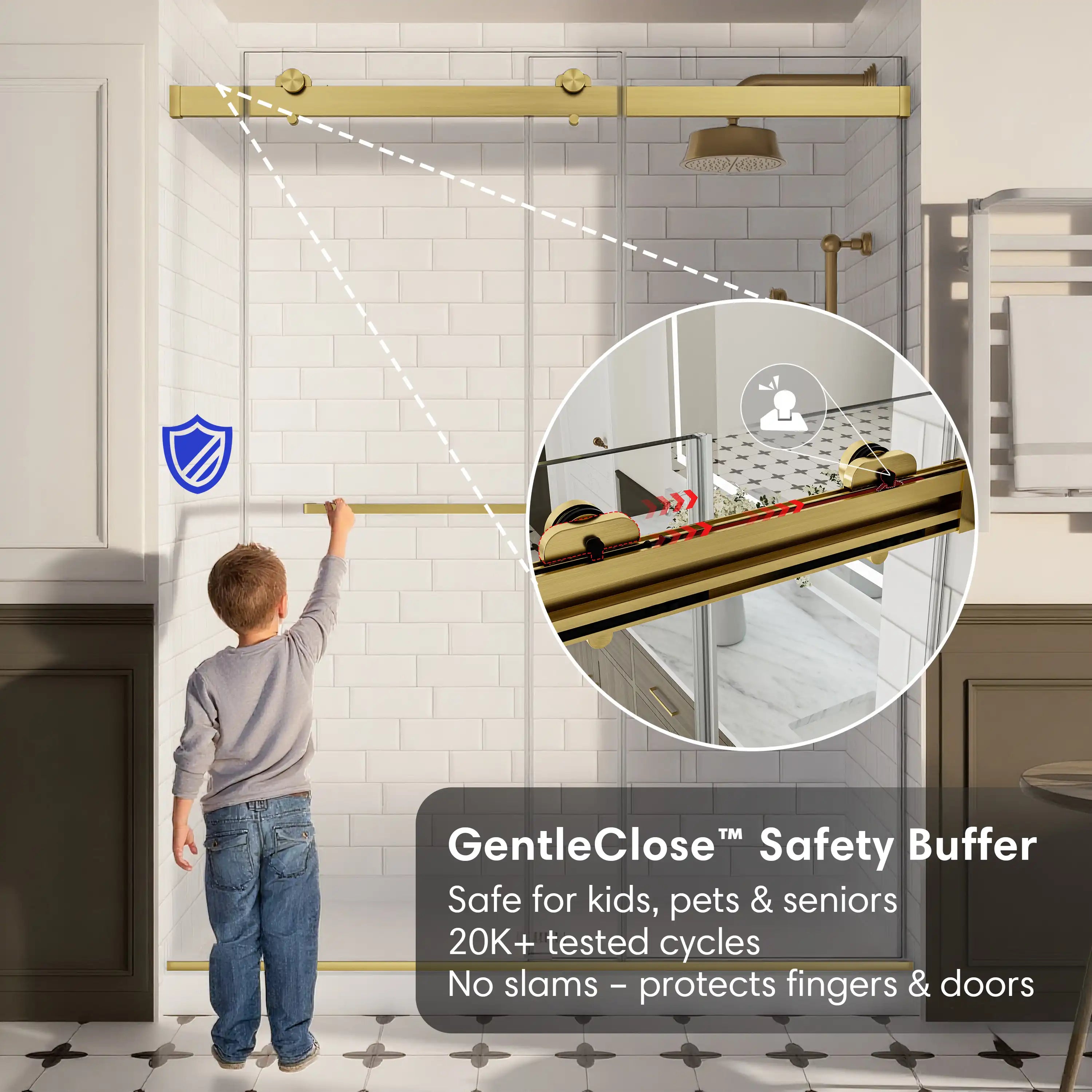 Brushed gold shower door frameless 48 x 74 with GentleClose safety buffer for soft close protection | Ace Decor