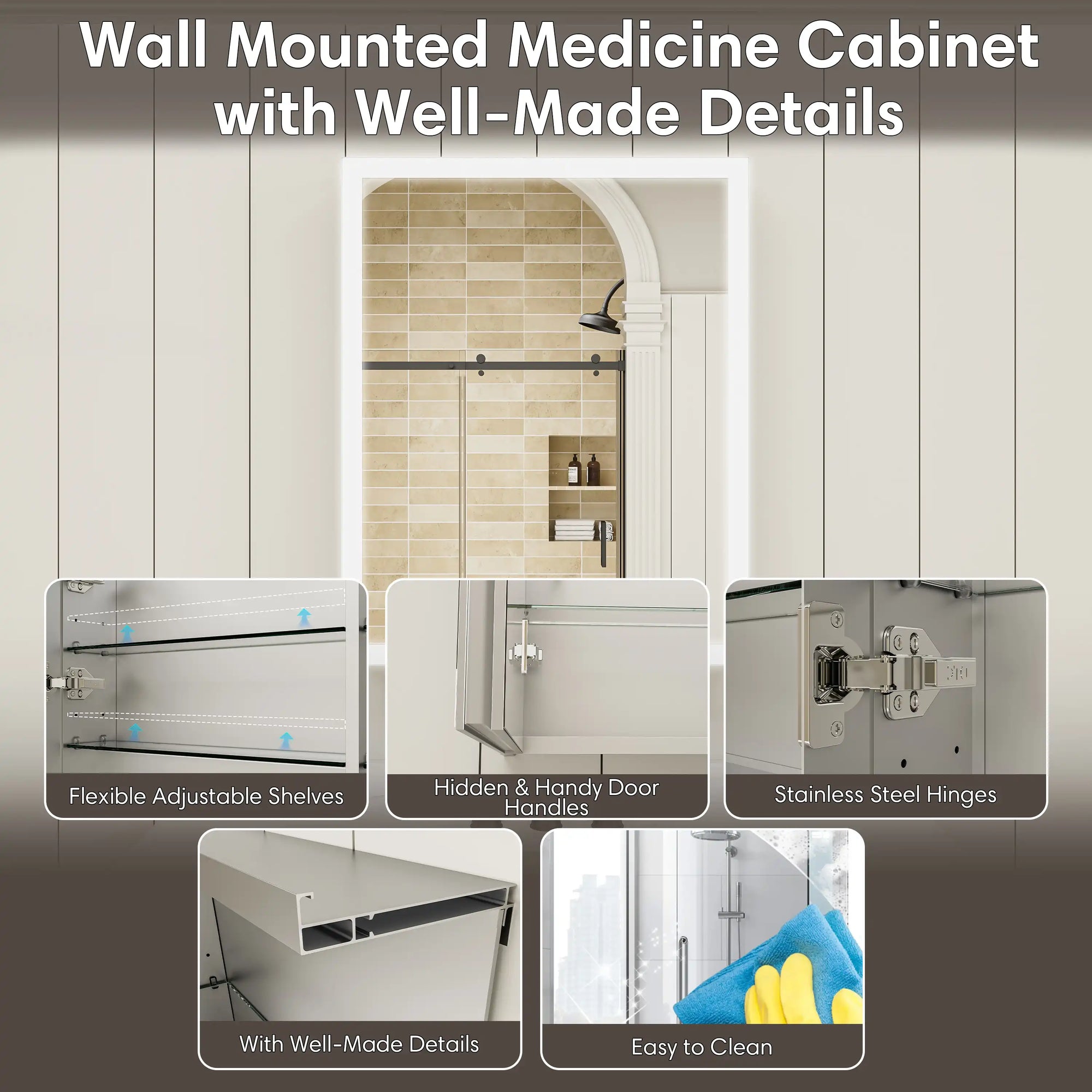Single-door medicine cabinet detail view showing shelves, hinges, hidden handle, and cleaning feature.