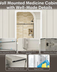 Single-door medicine cabinet detail view showing shelves, hinges, hidden handle, and cleaning feature.