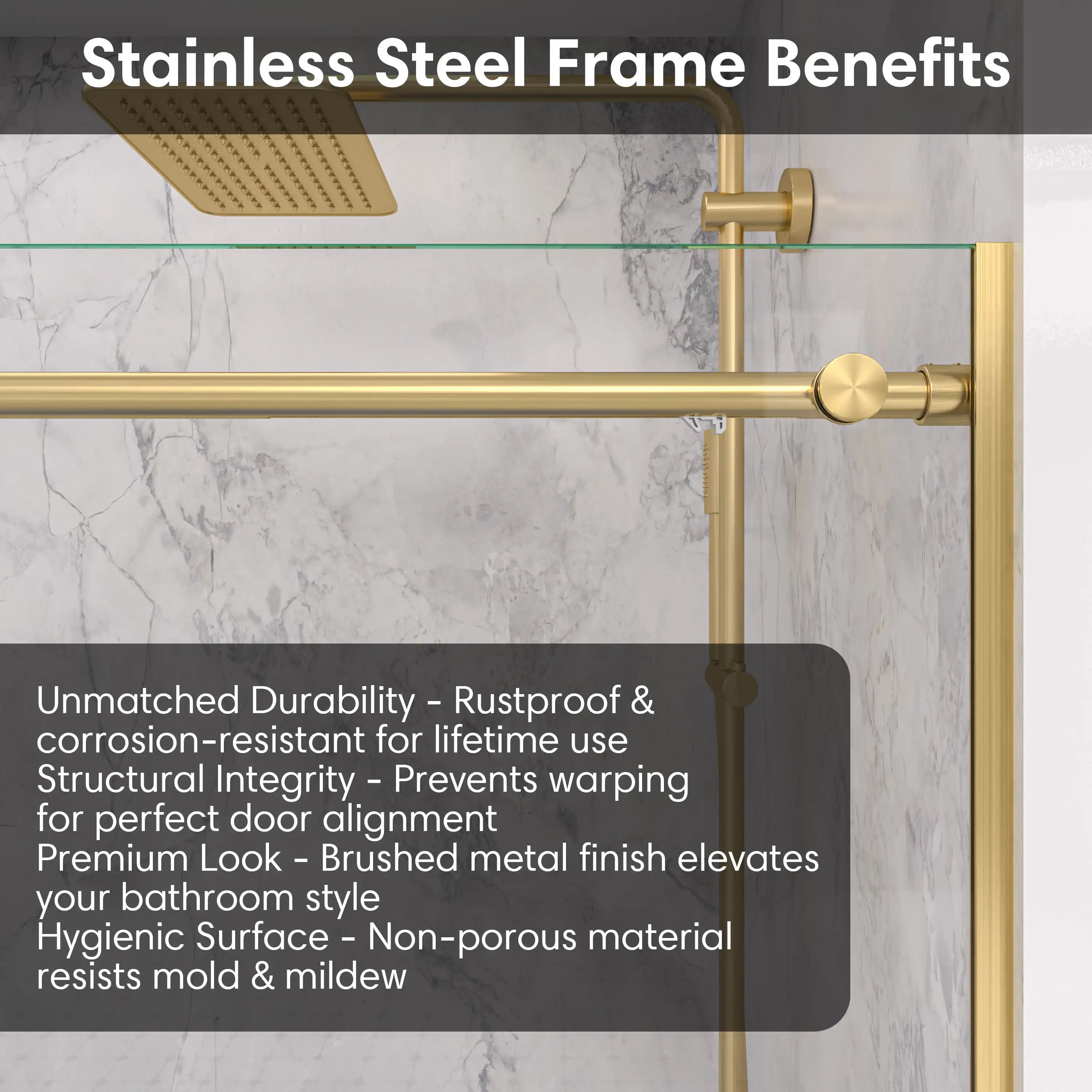 Stainless steel top frame benefits of gold frameless shower door, size 60 x 74 | Ace Decor