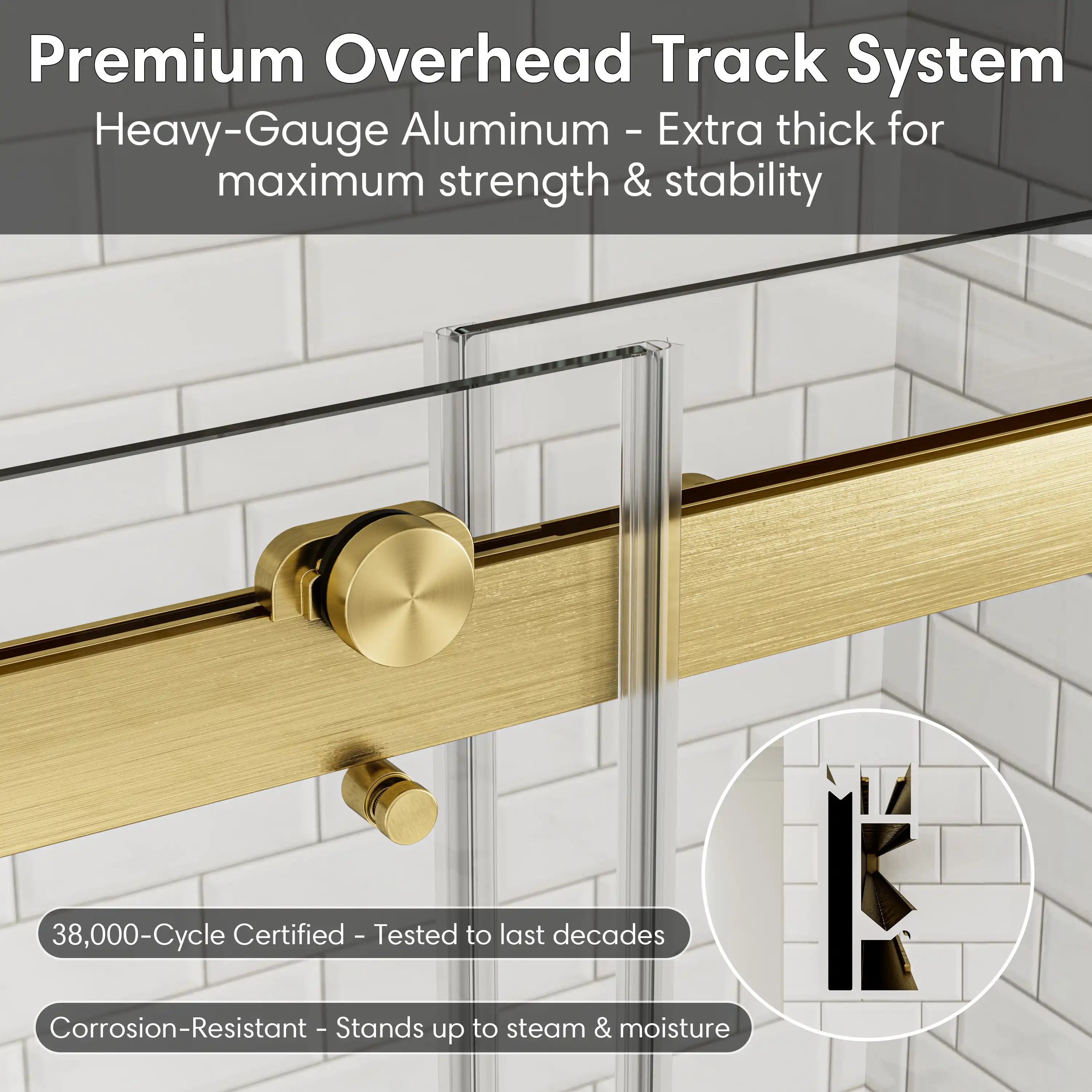 Brushed gold shower door frameless 48 x 74 with premium overhead track anti-jump system for strength and stability | Ace Decor