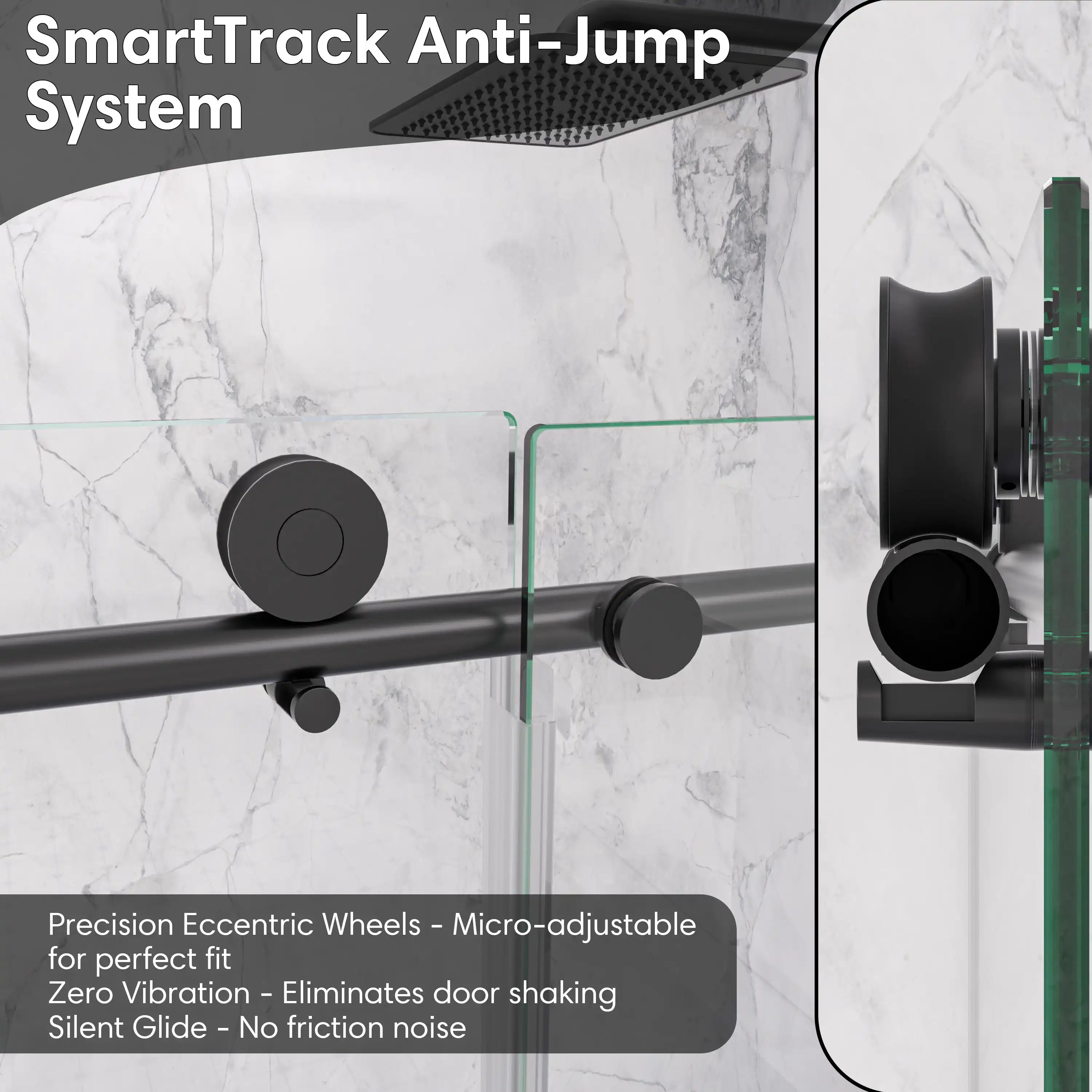 SmartTrack anti-jump system for black frameless sliding shower door, size 60 x 74 | Ace Decor